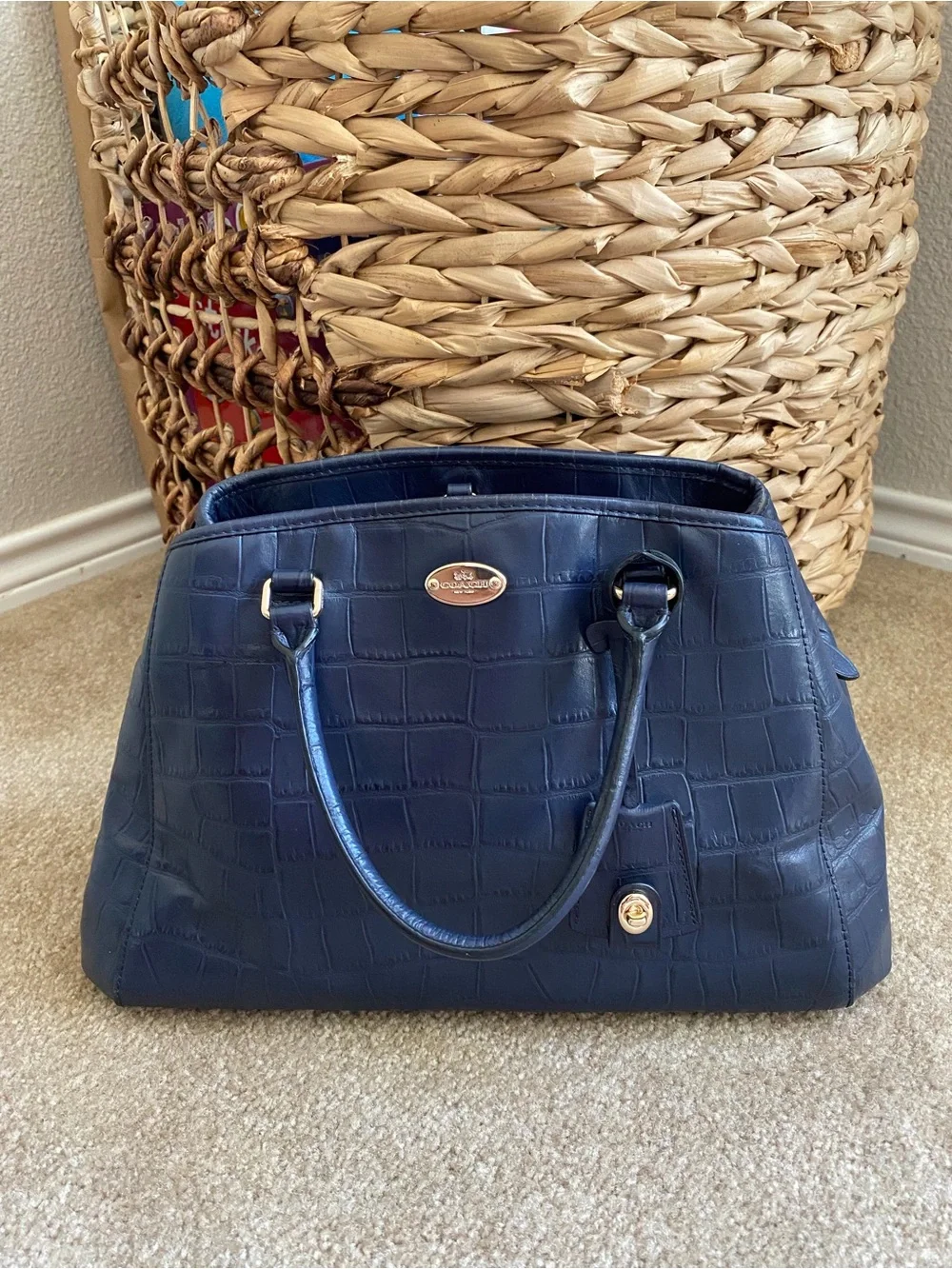 COACH Margot Carryall Purse Midnight Blue Croc-Embossed Leather Designer
